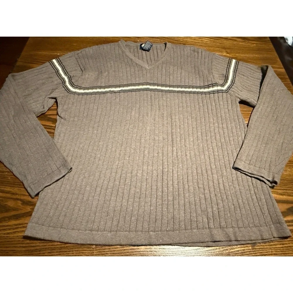 Vintage Dockers Mens XL Sweater Brown Ribbed V Neck Long Sleeve classic Cotton‎